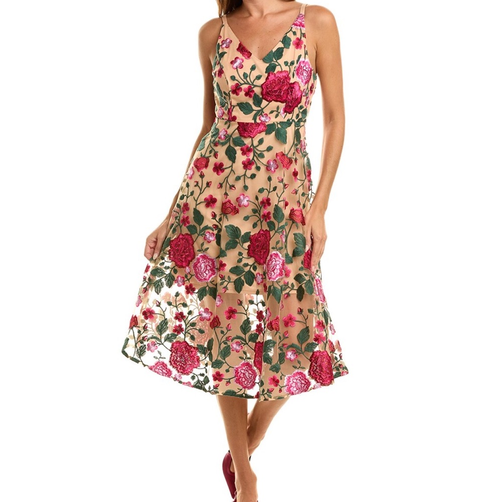 Sam Edelman- PINK ROSE EMBROIDERY V-NECK MIDI DRESS